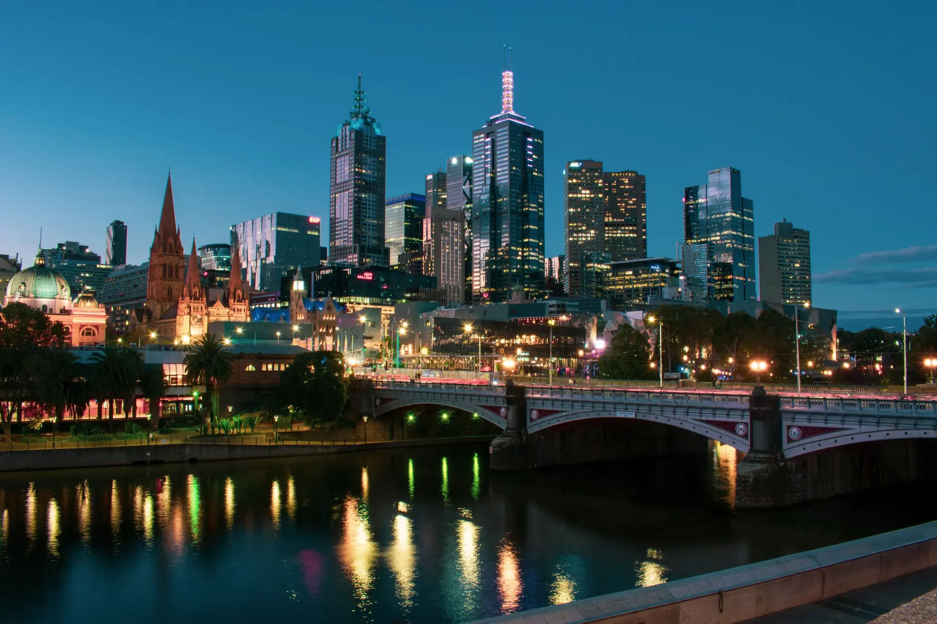 Melbourne CBD skyline and Princes Bridge at dusk